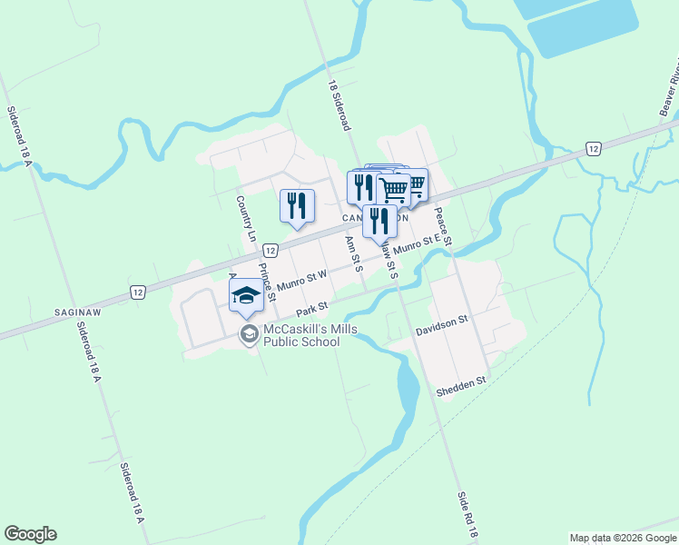 map of restaurants, bars, coffee shops, grocery stores, and more near 54 Munro Street West in Cannington