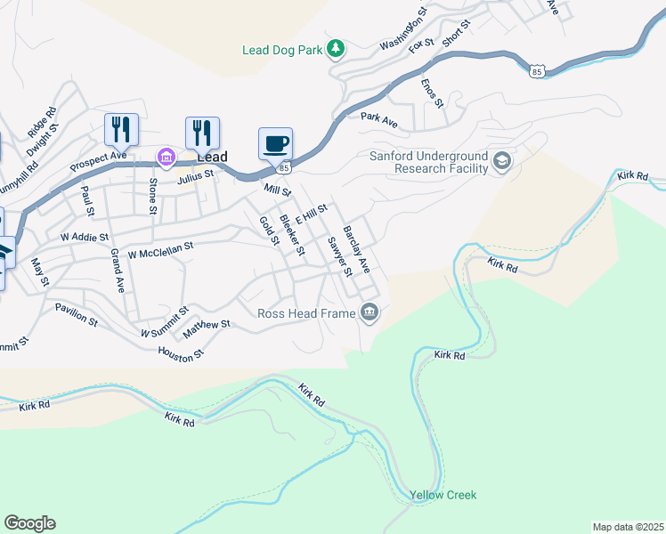 map of restaurants, bars, coffee shops, grocery stores, and more near 514 Mill Street in Lead