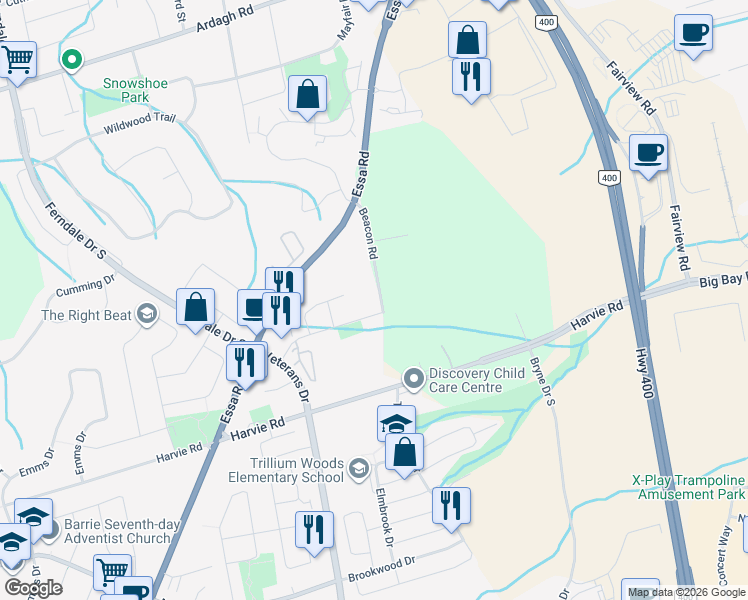 map of restaurants, bars, coffee shops, grocery stores, and more near 56 Beacon Road in Barrie
