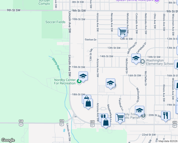 map of restaurants, bars, coffee shops, grocery stores, and more near 975 15th Street Southwest in Huron