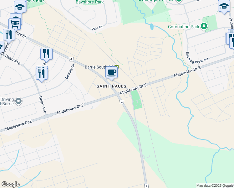 map of restaurants, bars, coffee shops, grocery stores, and more near in Barrie