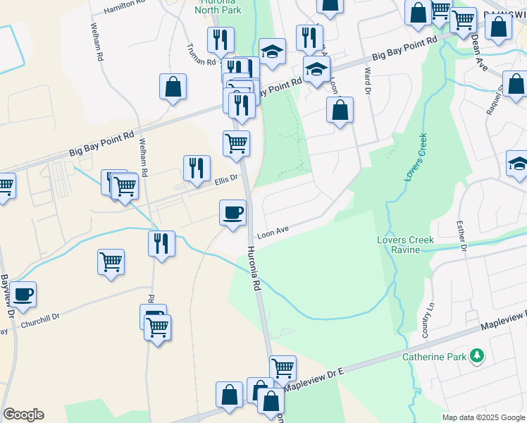 map of restaurants, bars, coffee shops, grocery stores, and more near 100 Gadwall Avenue in Barrie