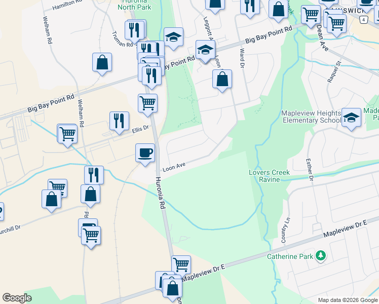 map of restaurants, bars, coffee shops, grocery stores, and more near 31 Drake Drive in Barrie
