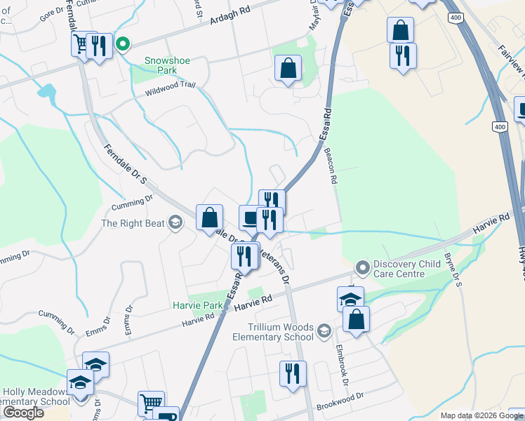 map of restaurants, bars, coffee shops, grocery stores, and more near 369 Essa Road in Barrie