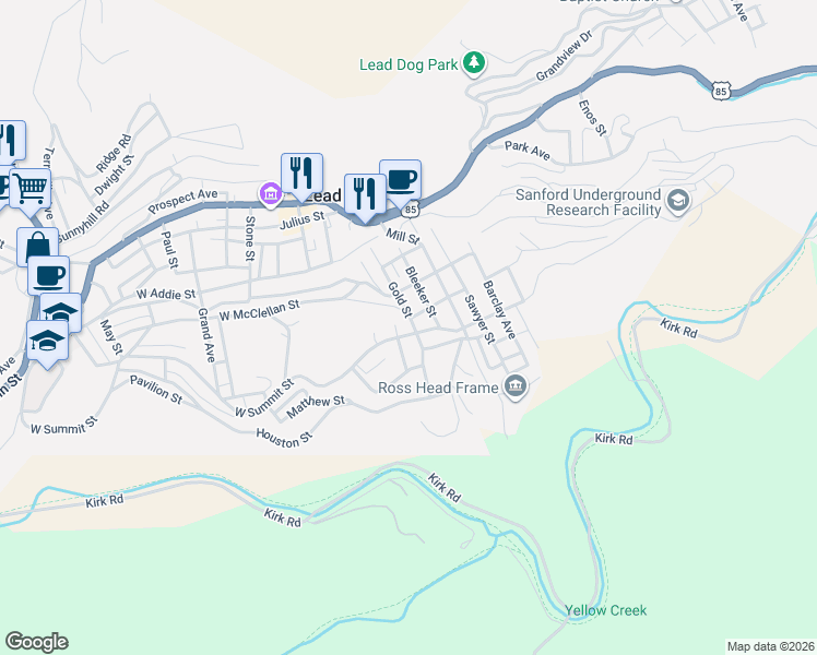 map of restaurants, bars, coffee shops, grocery stores, and more near 401-499 Gold Street in Lead
