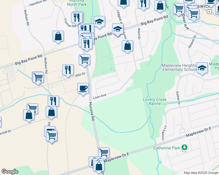 map of restaurants, bars, coffee shops, grocery stores, and more near 29 Drake Drive in Barrie