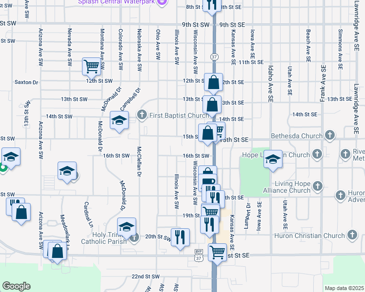 map of restaurants, bars, coffee shops, grocery stores, and more near 1598 Quarterback Court in Huron