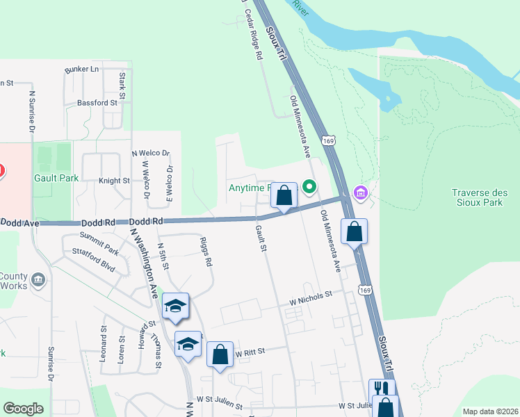 map of restaurants, bars, coffee shops, grocery stores, and more near 1801 North Gault Street in Saint Peter