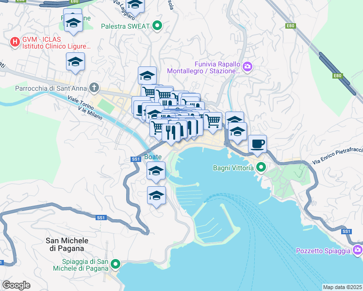 map of restaurants, bars, coffee shops, grocery stores, and more near 20 Passo Tigullio in Rapallo