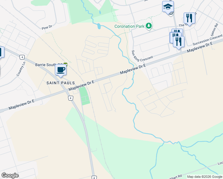 map of restaurants, bars, coffee shops, grocery stores, and more near 5 Chef Lane in Barrie