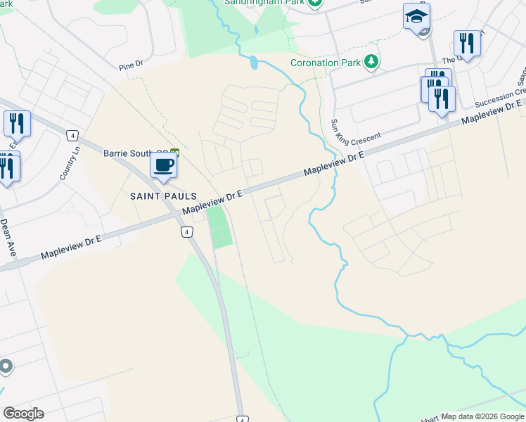 map of restaurants, bars, coffee shops, grocery stores, and more near 6 Spice Way in Barrie