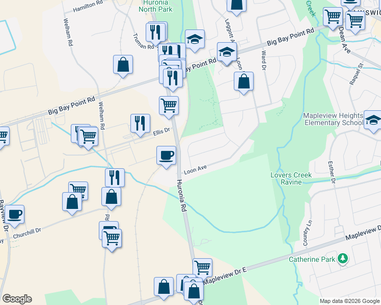 map of restaurants, bars, coffee shops, grocery stores, and more near 74 Drake Drive in Barrie