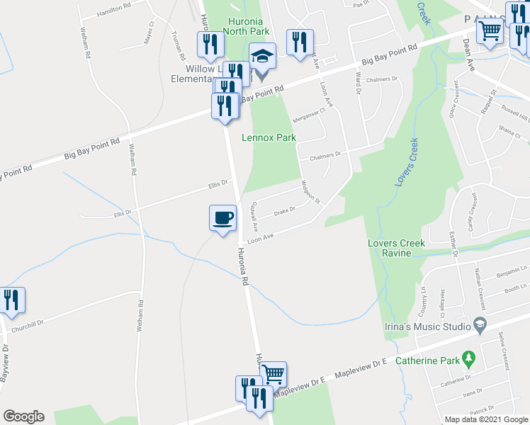map of restaurants, bars, coffee shops, grocery stores, and more near 60 Drake Drive in Barrie