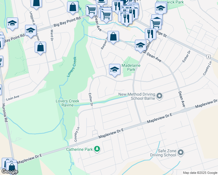 map of restaurants, bars, coffee shops, grocery stores, and more near 13 Gregory Court in Barrie