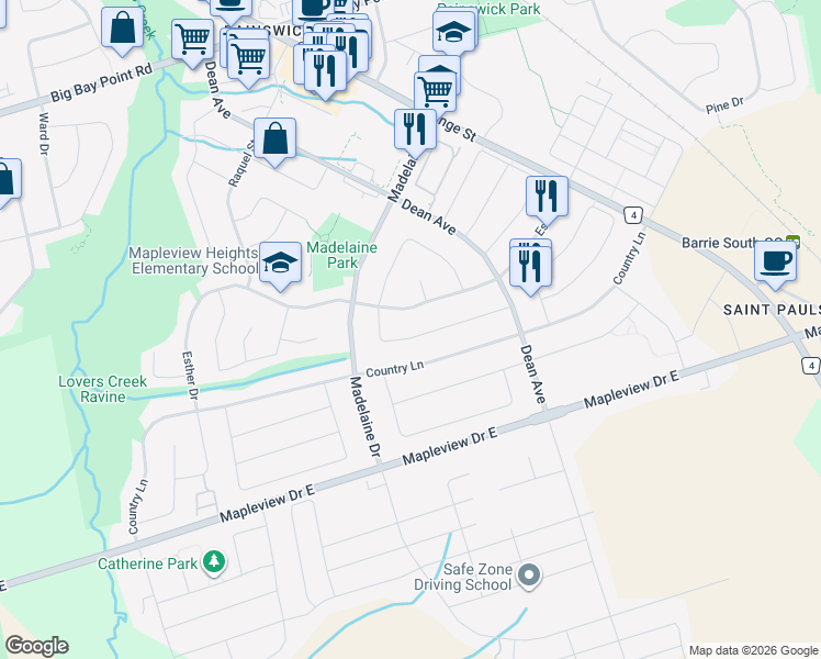 map of restaurants, bars, coffee shops, grocery stores, and more near 38 Stephanie Lane in Barrie