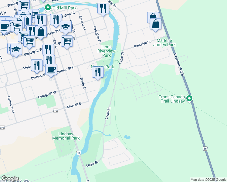 map of restaurants, bars, coffee shops, grocery stores, and more near 257 Logie Street in Kawartha Lakes