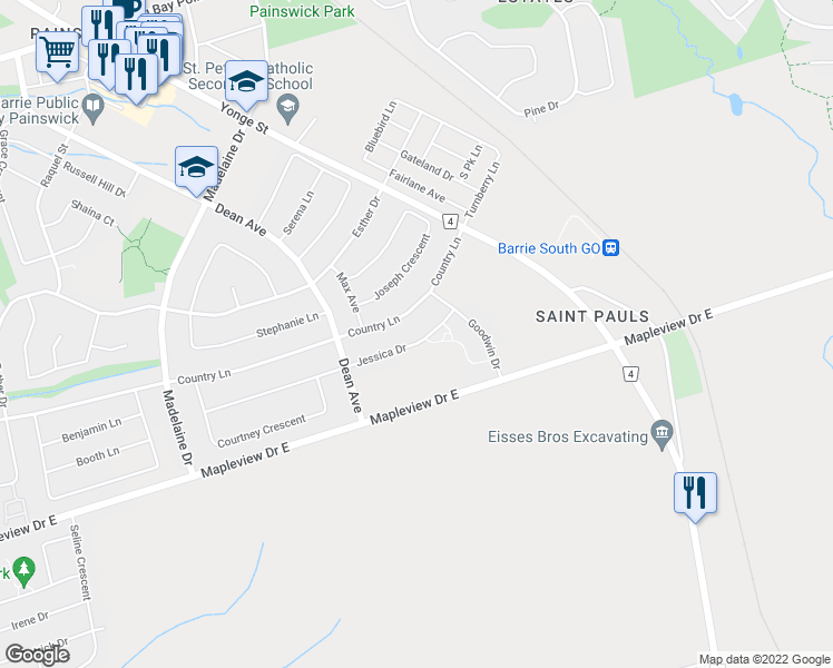 map of restaurants, bars, coffee shops, grocery stores, and more near 110 Jessica Drive in Barrie