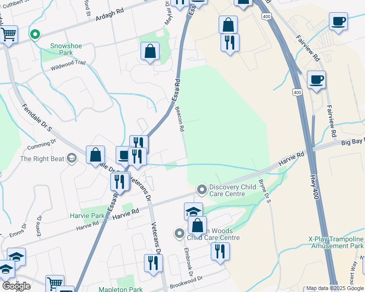 map of restaurants, bars, coffee shops, grocery stores, and more near 44 Beacon Road in Barrie