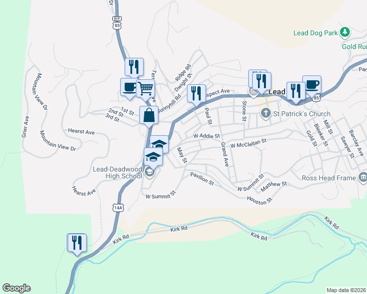 map of restaurants, bars, coffee shops, grocery stores, and more near 819 Upper Addie Street in Lead