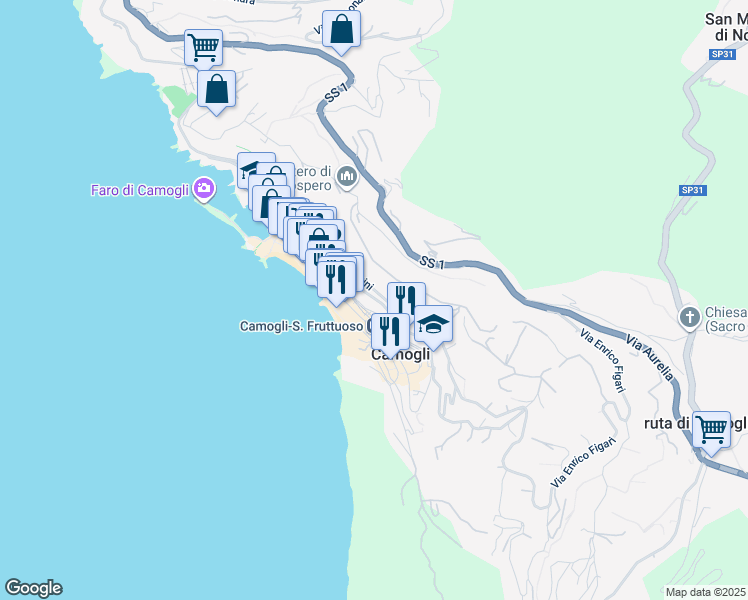 map of restaurants, bars, coffee shops, grocery stores, and more near 36 Via Bettolo in Camogli