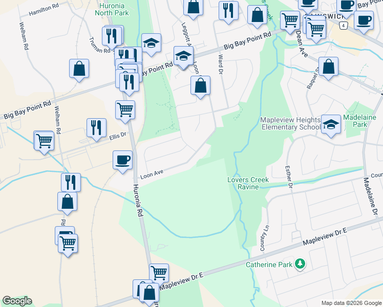 map of restaurants, bars, coffee shops, grocery stores, and more near 120 Widgeon Street in Barrie