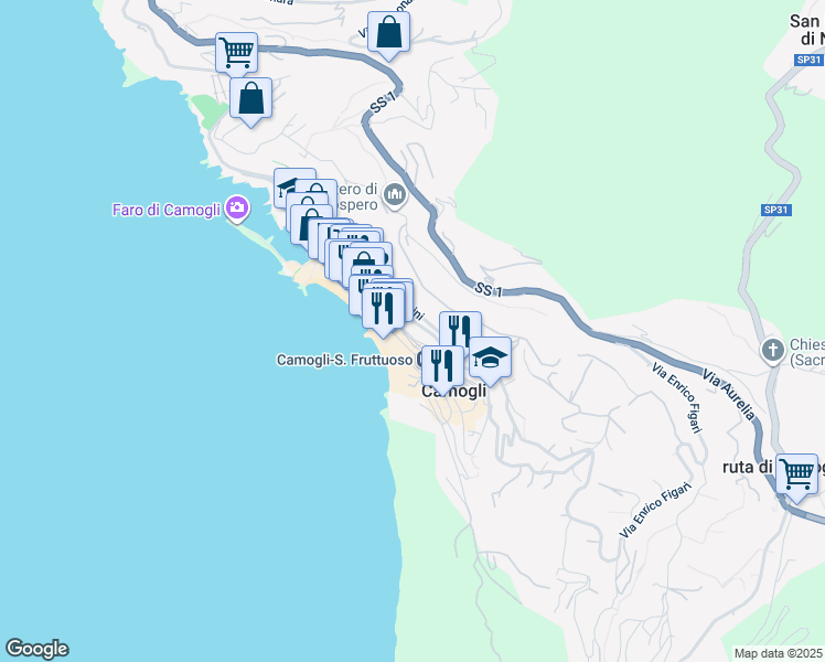 map of restaurants, bars, coffee shops, grocery stores, and more near 36 Via Bettolo in Camogli