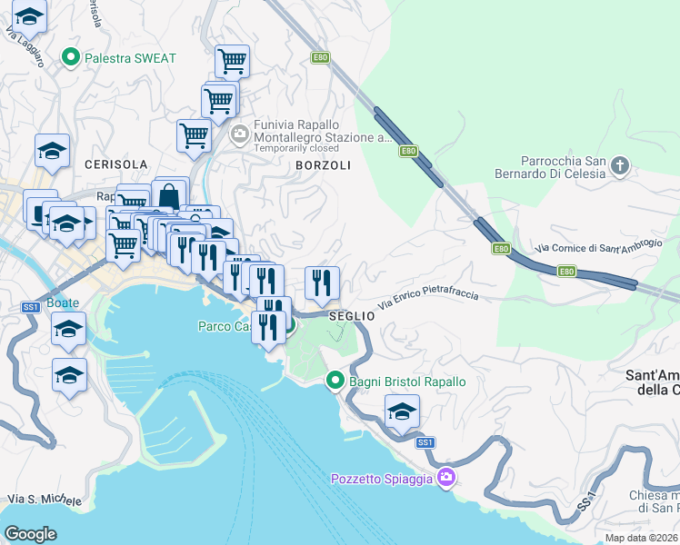 map of restaurants, bars, coffee shops, grocery stores, and more near 12A Via Aurelio Baisi in Rapallo