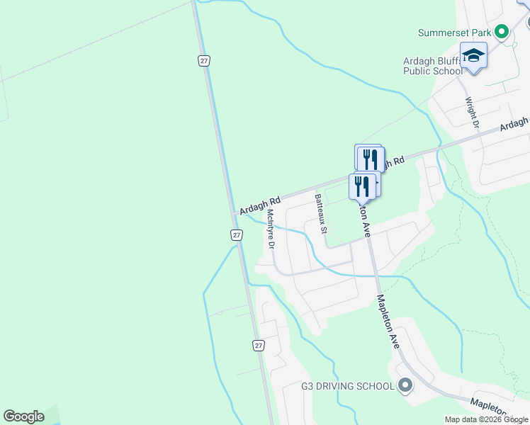 map of restaurants, bars, coffee shops, grocery stores, and more near 99 McIntyre Drive in Barrie