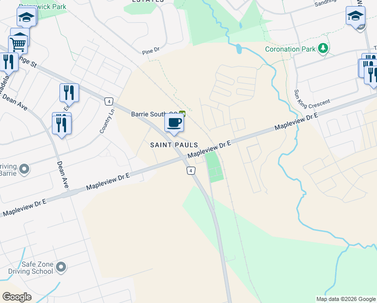 map of restaurants, bars, coffee shops, grocery stores, and more near in Barrie