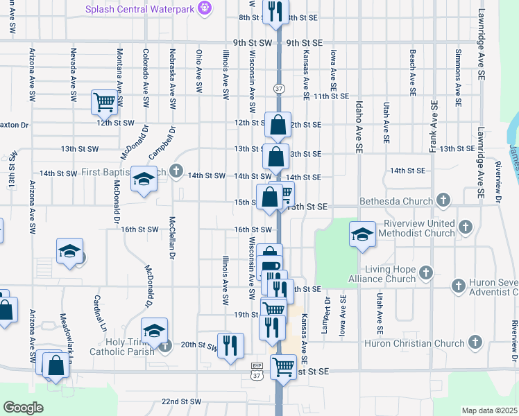 map of restaurants, bars, coffee shops, grocery stores, and more near 2-98 15th St SW in Huron