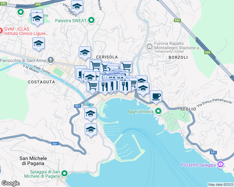 map of restaurants, bars, coffee shops, grocery stores, and more near 24 Via Marsala in Rapallo