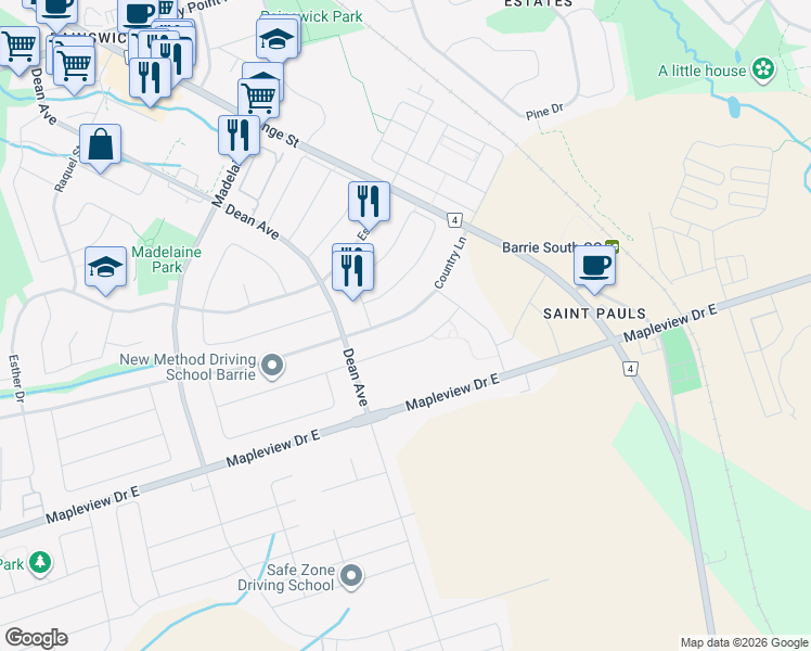 map of restaurants, bars, coffee shops, grocery stores, and more near 267 Country Lane in Barrie
