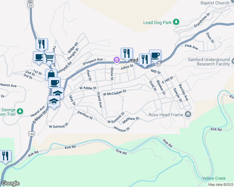 map of restaurants, bars, coffee shops, grocery stores, and more near 334 W McClellan St in Lead