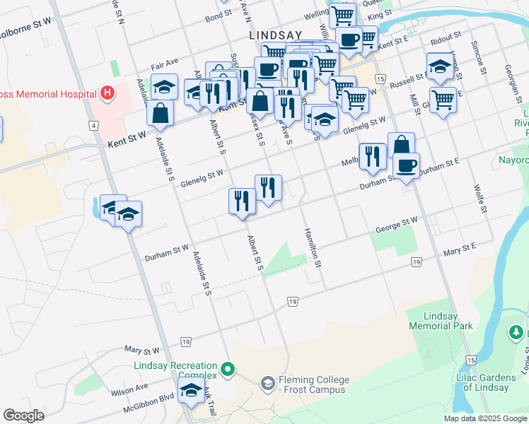 map of restaurants, bars, coffee shops, grocery stores, and more near 80 Durham Street West in Kawartha Lakes