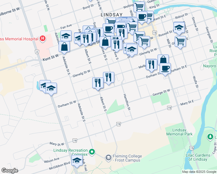 map of restaurants, bars, coffee shops, grocery stores, and more near 80 Durham Street West in Kawartha Lakes