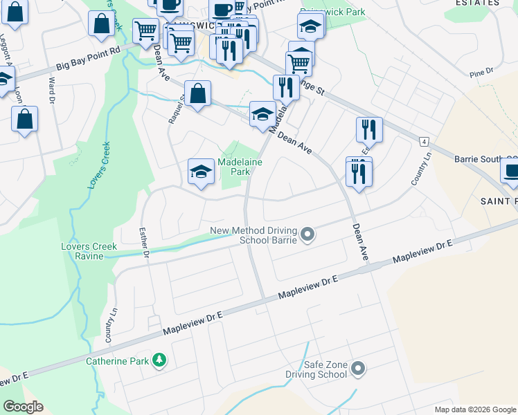 map of restaurants, bars, coffee shops, grocery stores, and more near 5 Stephanie Lane in Barrie