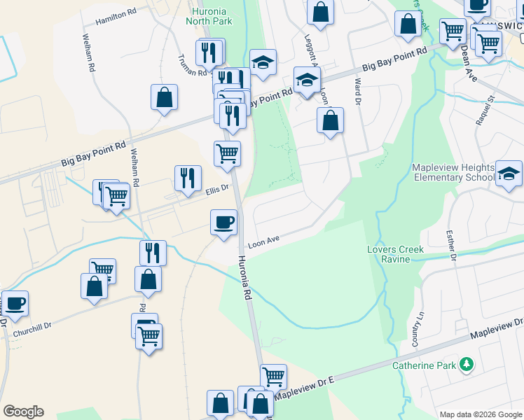 map of restaurants, bars, coffee shops, grocery stores, and more near 63 Gadwall Avenue in Barrie