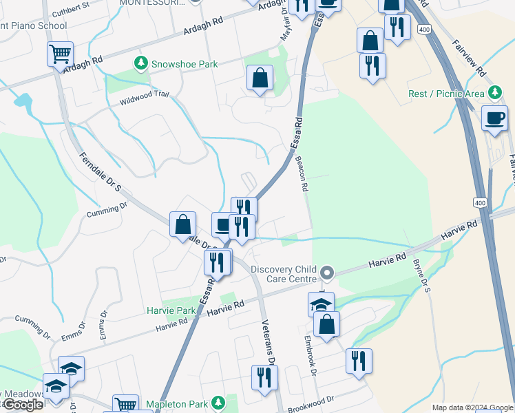 map of restaurants, bars, coffee shops, grocery stores, and more near 386 Essa Road in Barrie