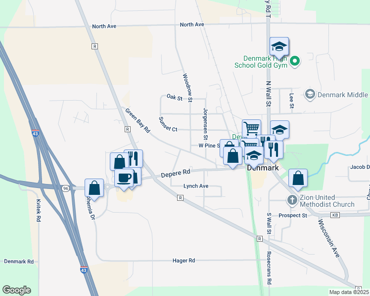 map of restaurants, bars, coffee shops, grocery stores, and more near 410 Green Bay Road in Denmark