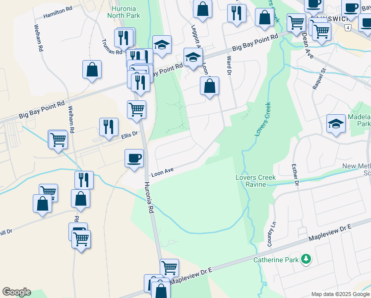 map of restaurants, bars, coffee shops, grocery stores, and more near 12 Drake Drive in Barrie