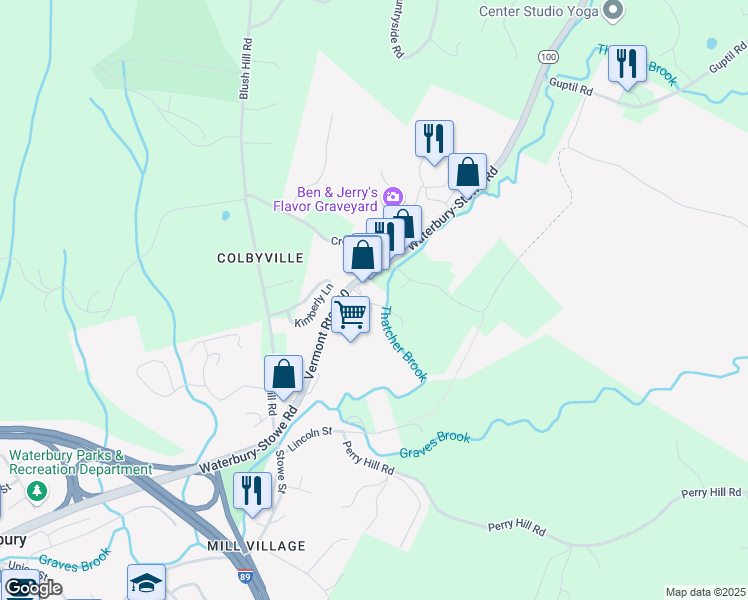 map of restaurants, bars, coffee shops, grocery stores, and more near 41 Lower Mill Road in Waterbury Village Historic District