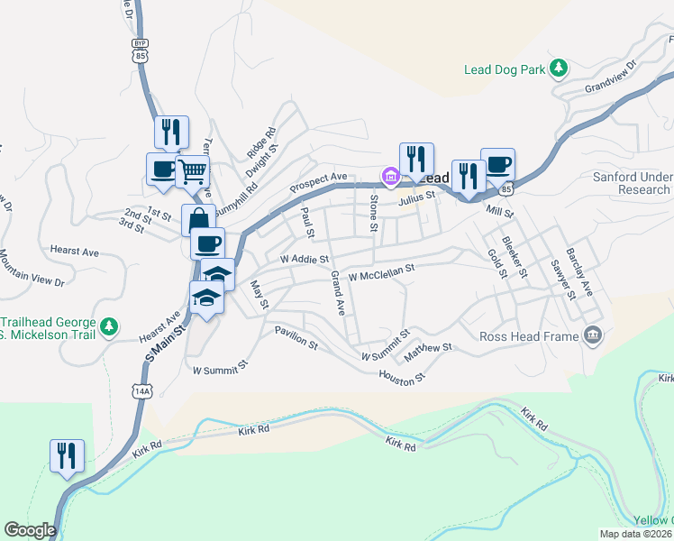 map of restaurants, bars, coffee shops, grocery stores, and more near 201-299 Grand Avenue in Lead