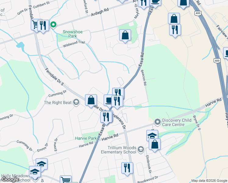 map of restaurants, bars, coffee shops, grocery stores, and more near 369 Essa Road in Barrie