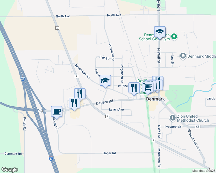 map of restaurants, bars, coffee shops, grocery stores, and more near 410 Green Bay Road in Denmark