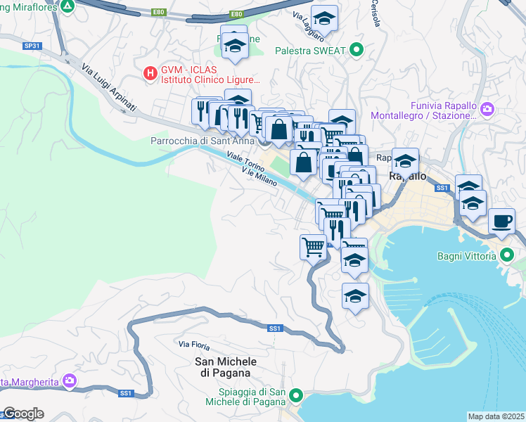 map of restaurants, bars, coffee shops, grocery stores, and more near 5 Via Priv. Caravelle in Rapallo