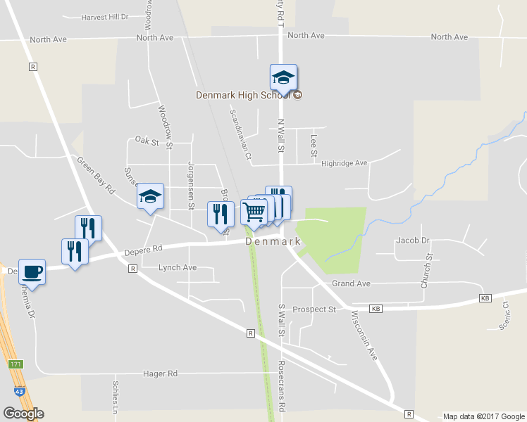 map of restaurants, bars, coffee shops, grocery stores, and more near 125 East Pine Street in Denmark