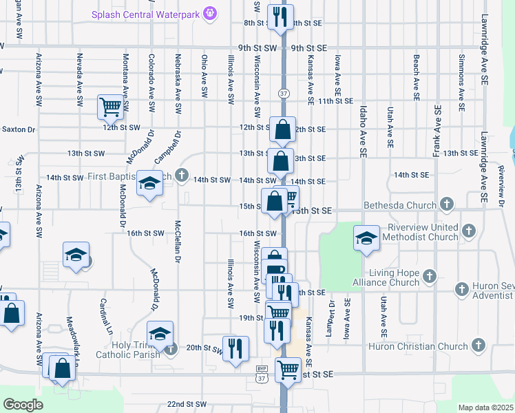 map of restaurants, bars, coffee shops, grocery stores, and more near 98 15th St SW in Huron