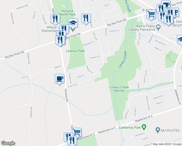 map of restaurants, bars, coffee shops, grocery stores, and more near 114 Widgeon Street in Barrie