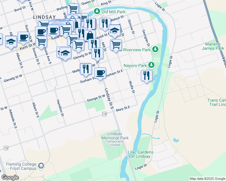 map of restaurants, bars, coffee shops, grocery stores, and more near in Kawartha Lakes