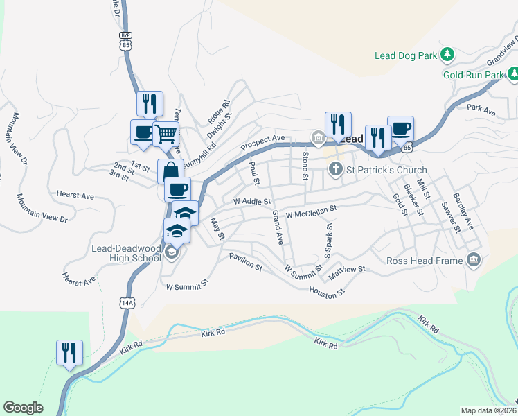 map of restaurants, bars, coffee shops, grocery stores, and more near 713 Upper Addie Street in Lead